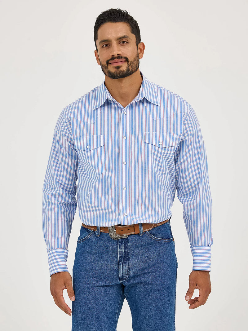 Wrangler Men's L/S Wrinkle Resist Striped Western Snap Shirt in Bold Blues (Available in Big & Tall Sizes)