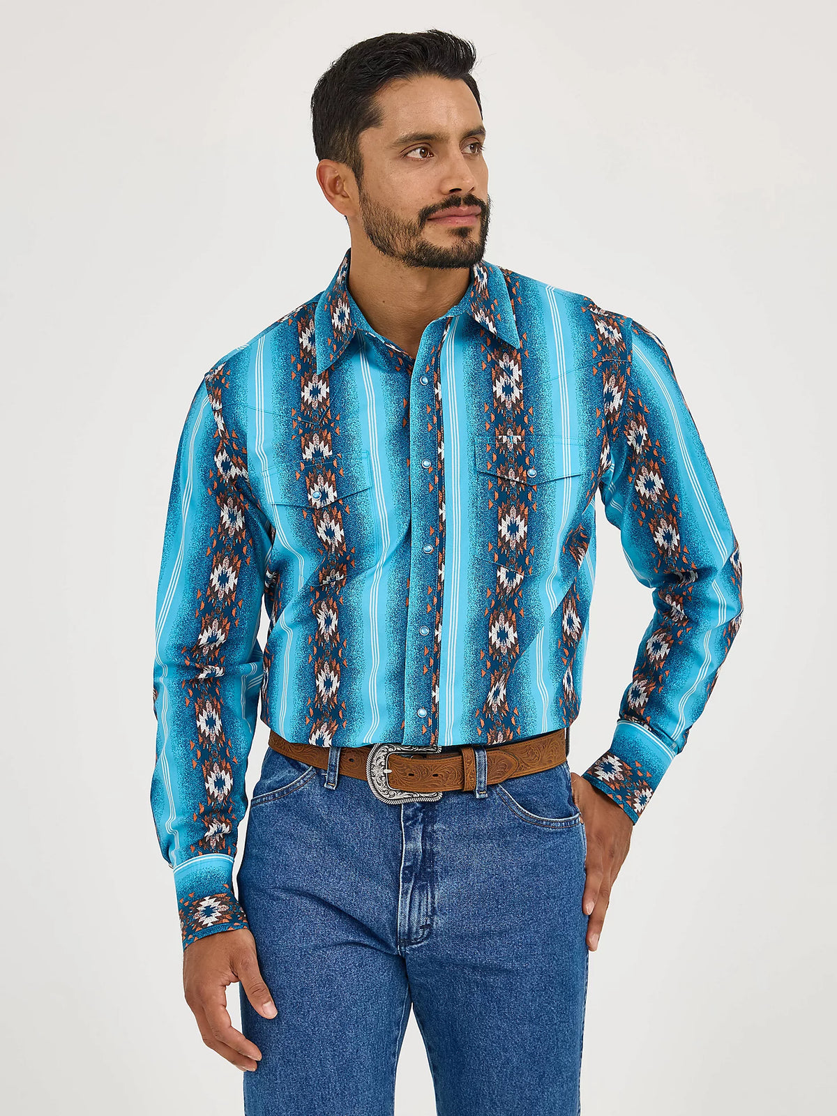 Wrangler Men's Checotah L/S Western Snap Shirt in Sea Salt Blue