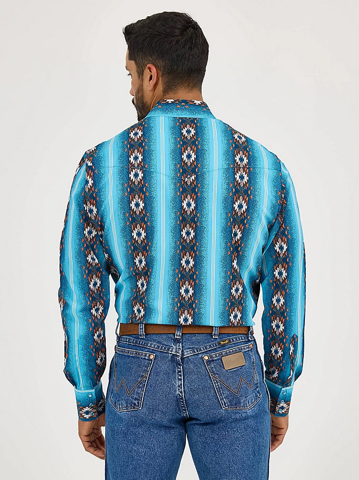 Wrangler Men's Checotah L/S Western Snap Shirt in Sea Salt Blue