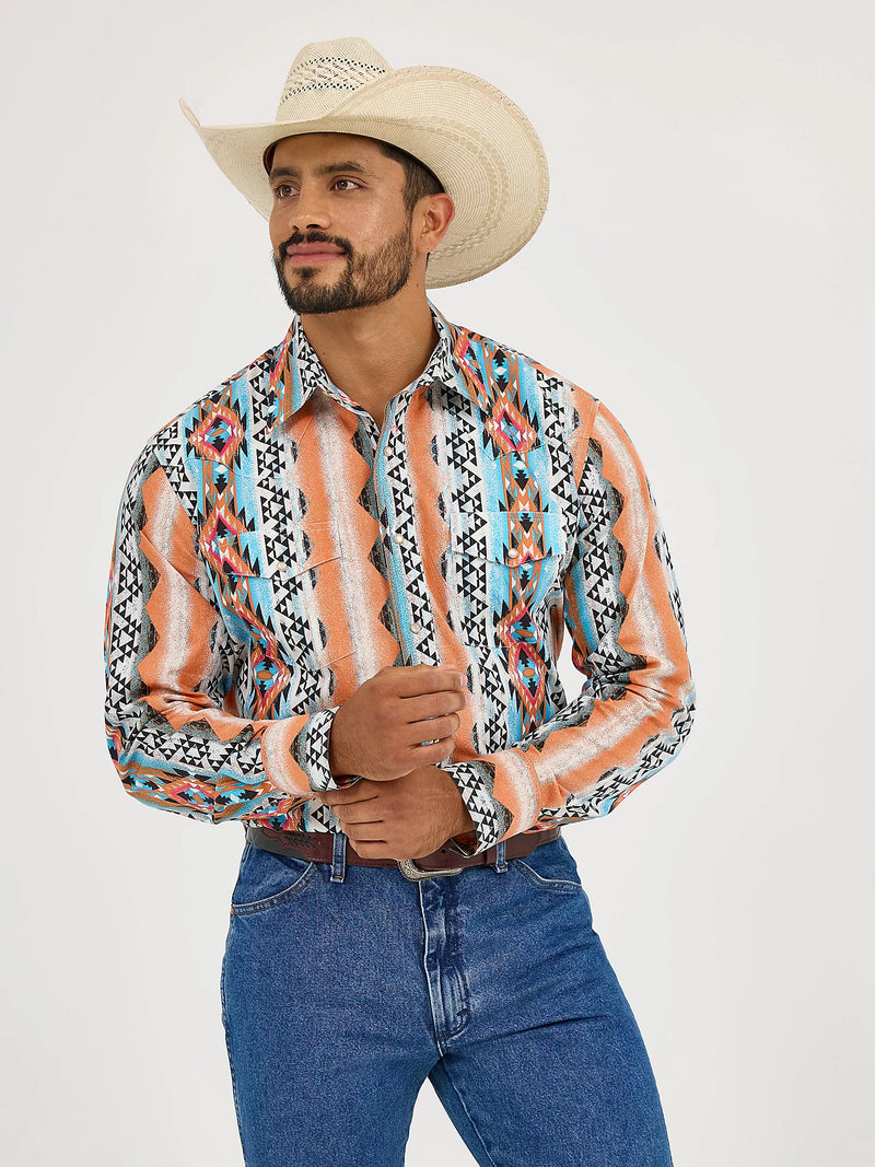Wrangler Men's Checotah L/S Western Snap Shirt in Orange Bowl