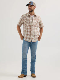Wrangler Retro Men's S/S Sawtooth Pocket Plaid Western Snap Shirt in Wheat Brown