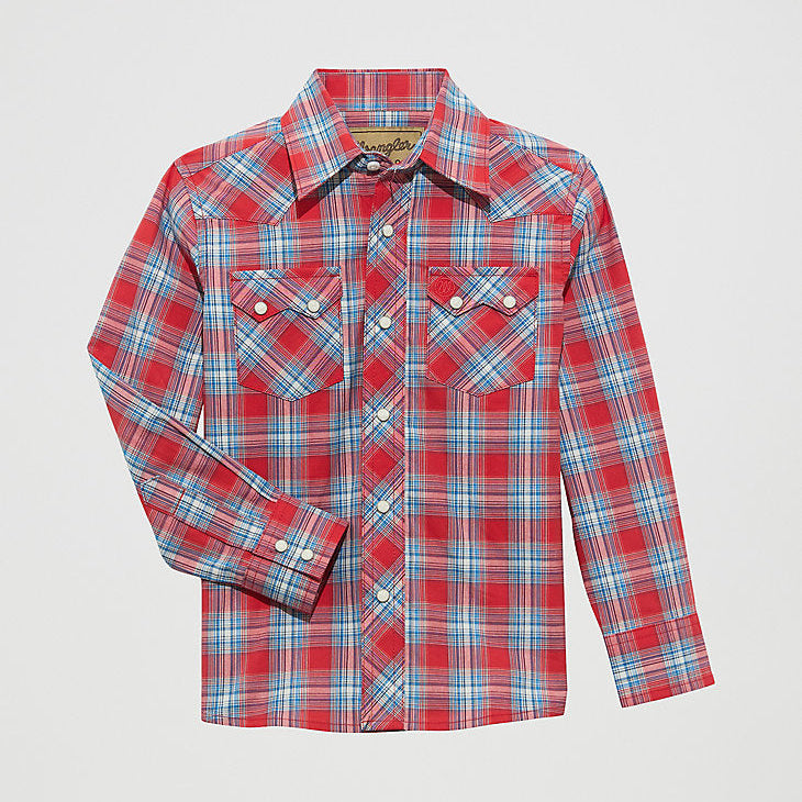 Wrangler Boy's Retro L/S Western Snap Shirt in Cherry Red