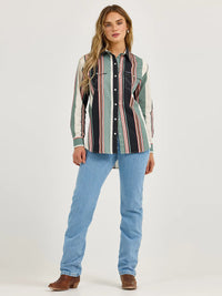 Wrangler Women's Retro L/S Brushpopper Boyfriend Western Snap Shirt in Black Stripe