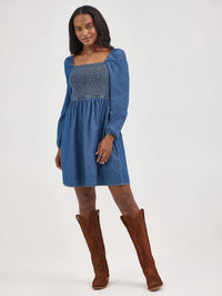 Wrangler Retro Women's Smocked Bodice A-Line Dress in Dark Denim