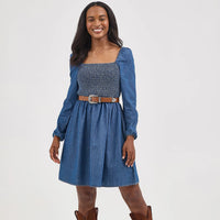 Wrangler Retro Women's Smocked Bodice A-Line Dress in Dark Denim