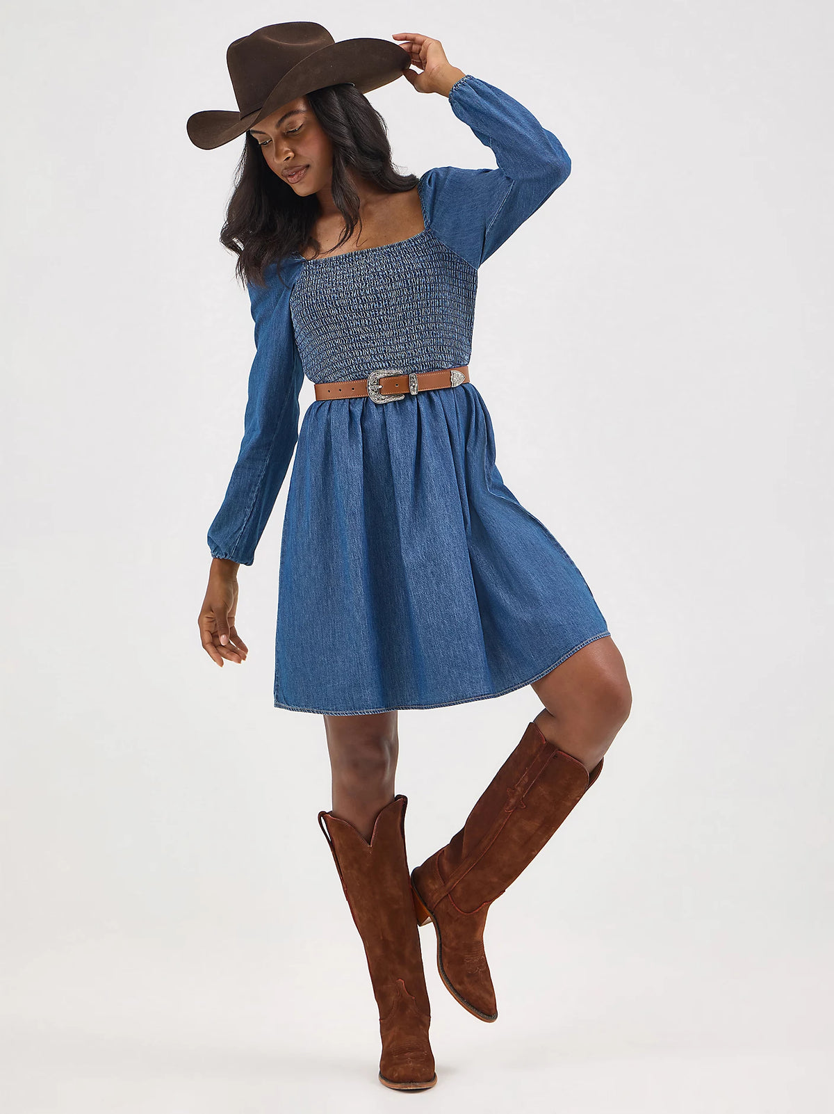 Wrangler Retro Women's Smocked Bodice A-Line Dress in Dark Denim