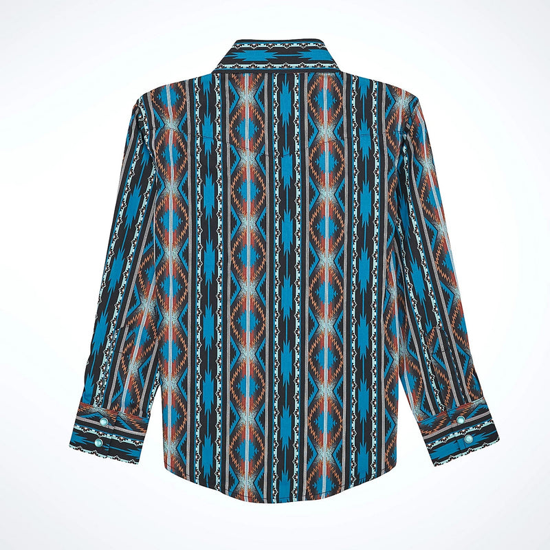 Wrangler Boy's Checotah L/S Western Snap Shirt in Turquoise Crimson