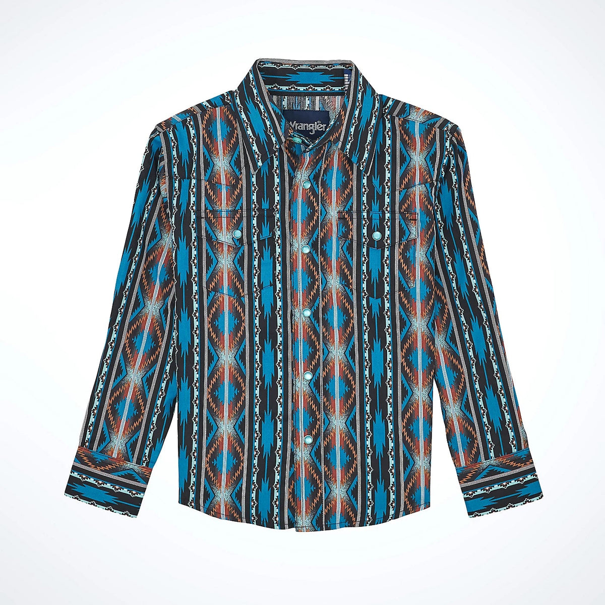 Wrangler Boy's Checotah L/S Western Snap Shirt in Turquoise Crimson