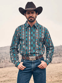 Wrangler Men's Checotah L/S Western Snap Shirt in Turquoise Crimson