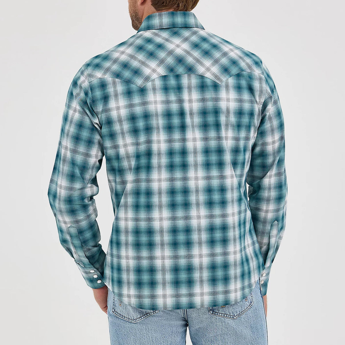 Wrangler Retro Men's L/S Sawtooth Pocket Plaid Western Snap Shirt in Teal