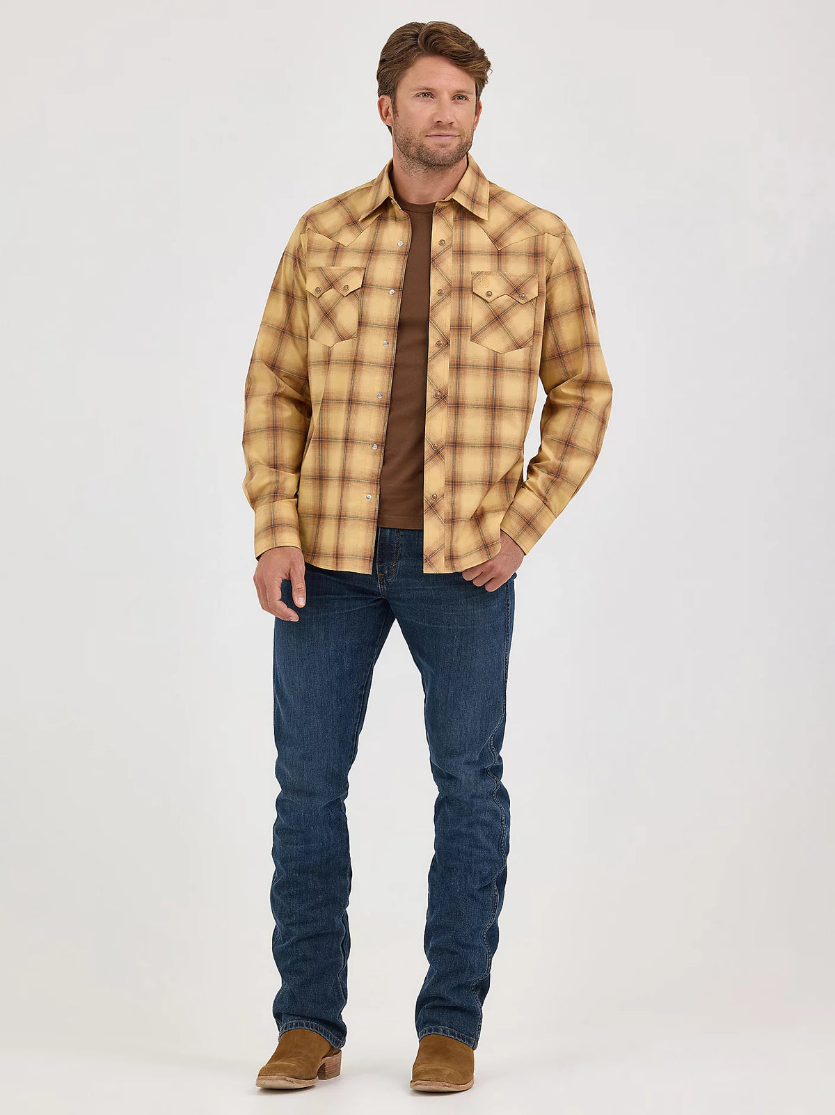 Wrangler Retro Men's L/S Sawtooth Pocket Plaid Western Snap Shirt in Curry