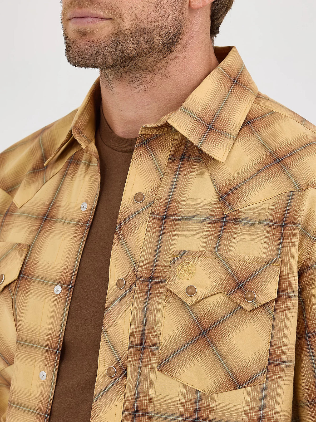 Wrangler Retro Men's L/S Sawtooth Pocket Plaid Western Snap Shirt in Curry