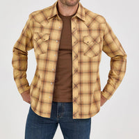 Wrangler Retro Men's L/S Sawtooth Pocket Plaid Western Snap Shirt in Curry