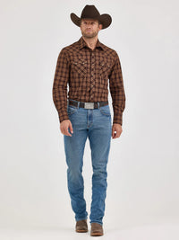 Wrangler Retro Men's L/S Sawtooth Pocket Plaid Western Snap Shirt in Mocha Brown