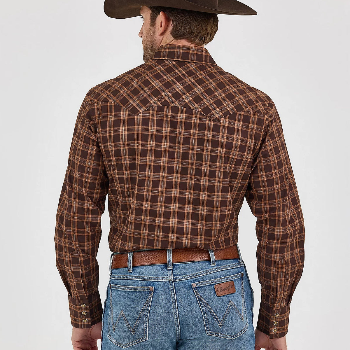 Wrangler Retro Men's L/S Sawtooth Pocket Plaid Western Snap Shirt in Mocha Brown
