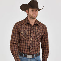 Wrangler Retro Men's L/S Sawtooth Pocket Plaid Western Snap Shirt in Mocha Brown