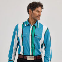 Wrangler Men's L/S Vintage Inspired Brushpopper Western Snap Work Shirt in Azure Stripe
