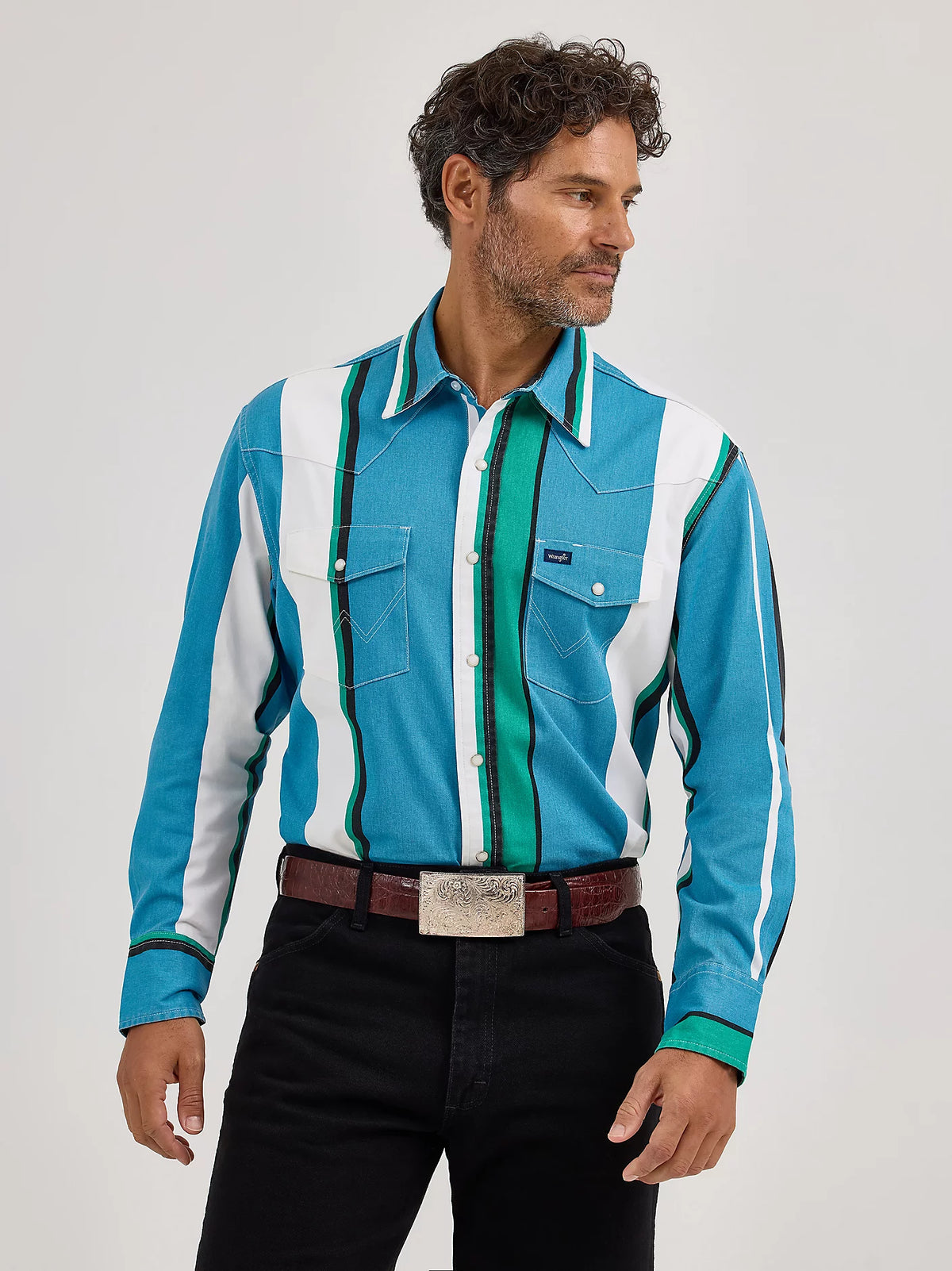 Wrangler Men's L/S Vintage Inspired Brushpopper Western Snap Work Shirt in Azure Stripe