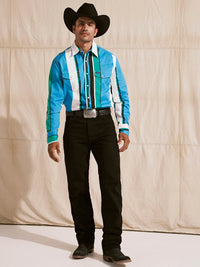 Wrangler Men's L/S Vintage Inspired Brushpopper Western Snap Work Shirt in Azure Stripe