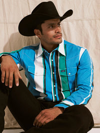 Wrangler Men's L/S Vintage Inspired Brushpopper Western Snap Work Shirt in Azure Stripe
