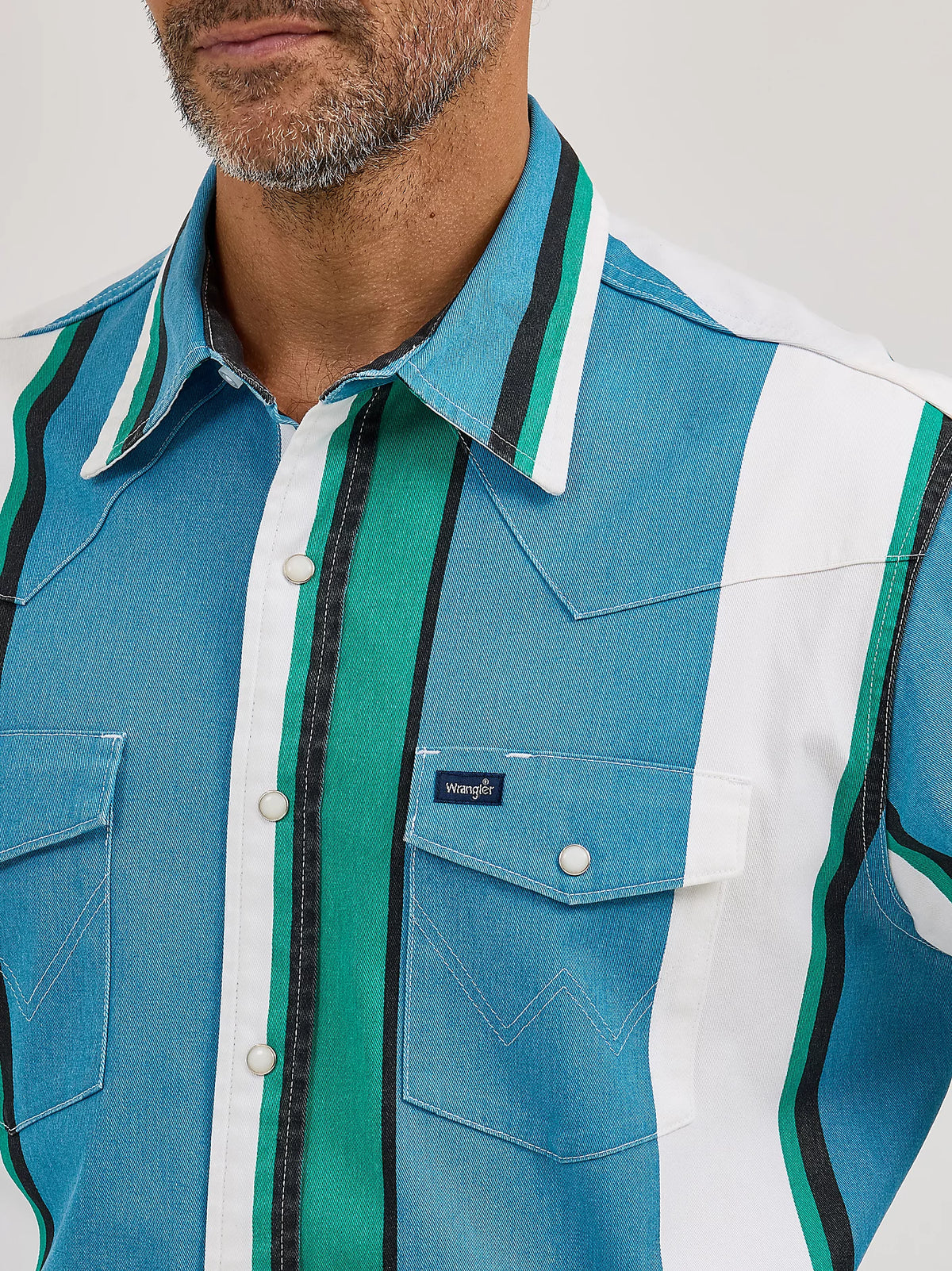 Wrangler Men's L/S Vintage Inspired Brushpopper Western Snap Work Shirt in Azure Stripe