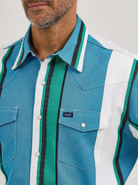 Wrangler Men's L/S Vintage Inspired Brushpopper Western Snap Work Shirt in Azure Stripe