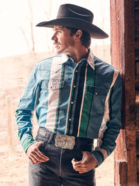 Wrangler Men's L/S Vintage Inspired Brushpopper Western Snap Work Shirt in Azure Stripe