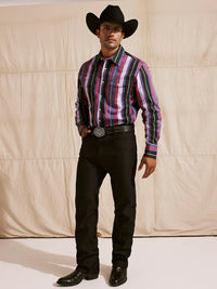 Wrangler Men's L/S Vintage Inspired Brushpopper Western Snap Work Shirt in Violet Stripe