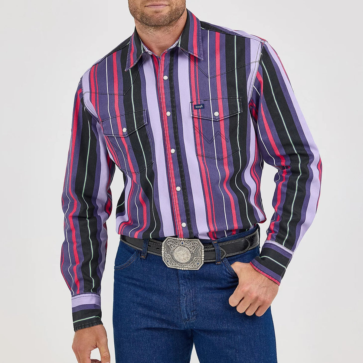 Wrangler Men's L/S Vintage Inspired Brushpopper Western Snap Work Shirt in Violet Stripe