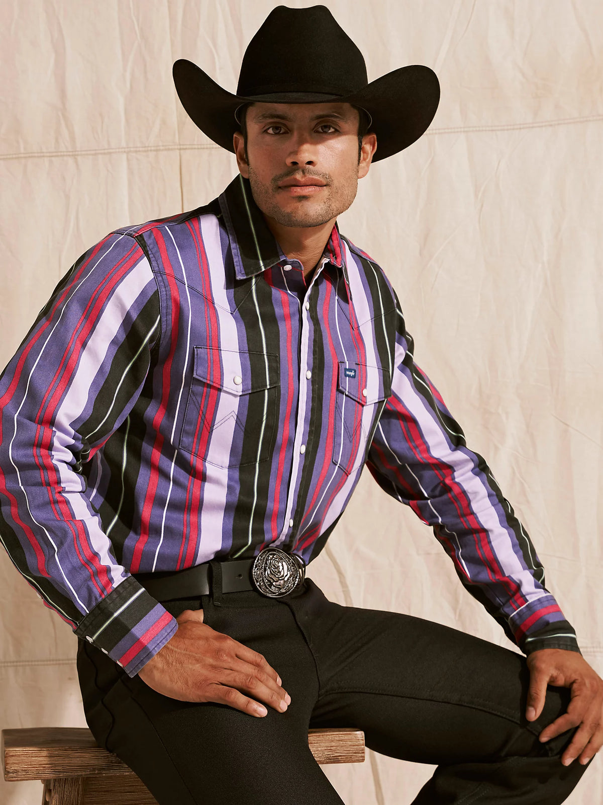 Wrangler Men's L/S Vintage Inspired Brushpopper Western Snap Work Shirt in Violet Stripe