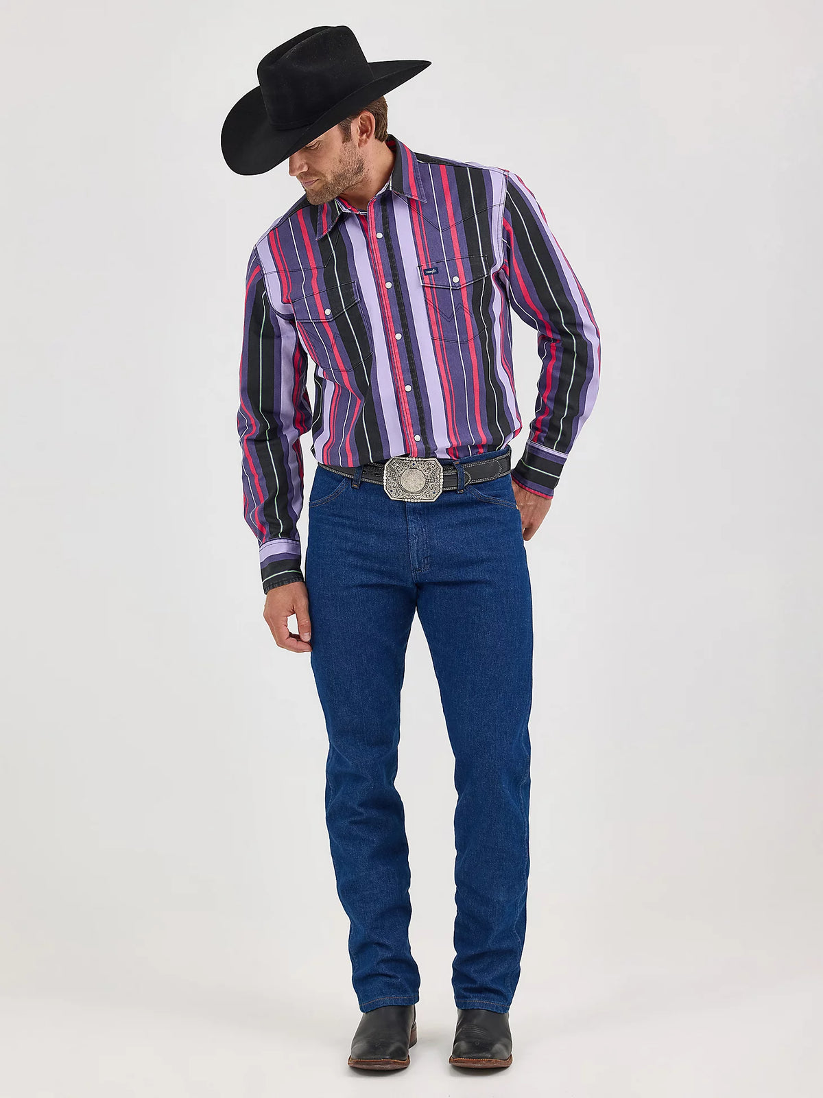 Wrangler Men's L/S Vintage Inspired Brushpopper Western Snap Work Shirt in Violet Stripe