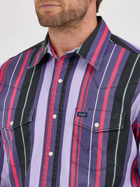 Wrangler Men's L/S Vintage Inspired Brushpopper Western Snap Work Shirt in Violet Stripe