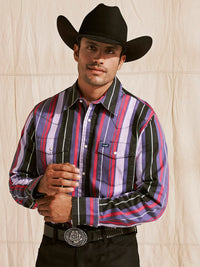Wrangler Men's L/S Vintage Inspired Brushpopper Western Snap Work Shirt in Violet Stripe
