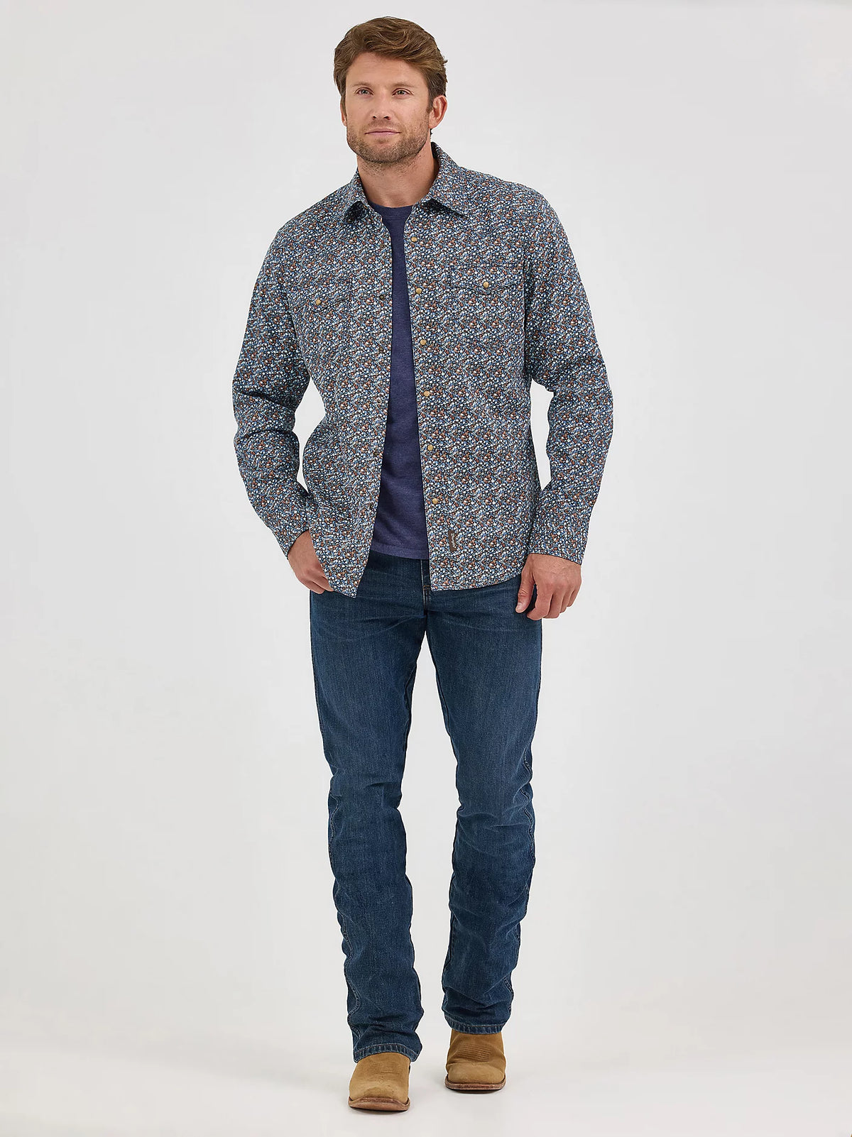 Wrangler Retro Premium Men's L/S Western Snap Shirt in Speckly Blue