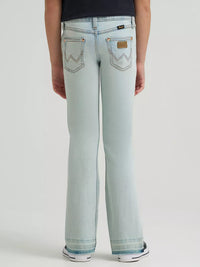 Wrangler x Lainey Wilson Girl's Raw Hem Boot Hugger Jean in Bleach Blue Wash
