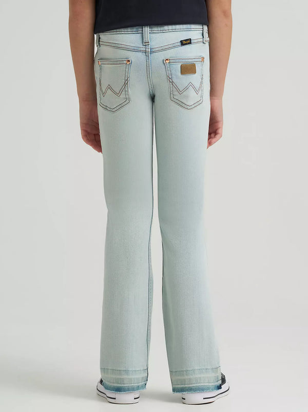 Wrangler x Lainey Wilson Girl's Raw Hem Boot Hugger Jean in Bleach Blue Wash
