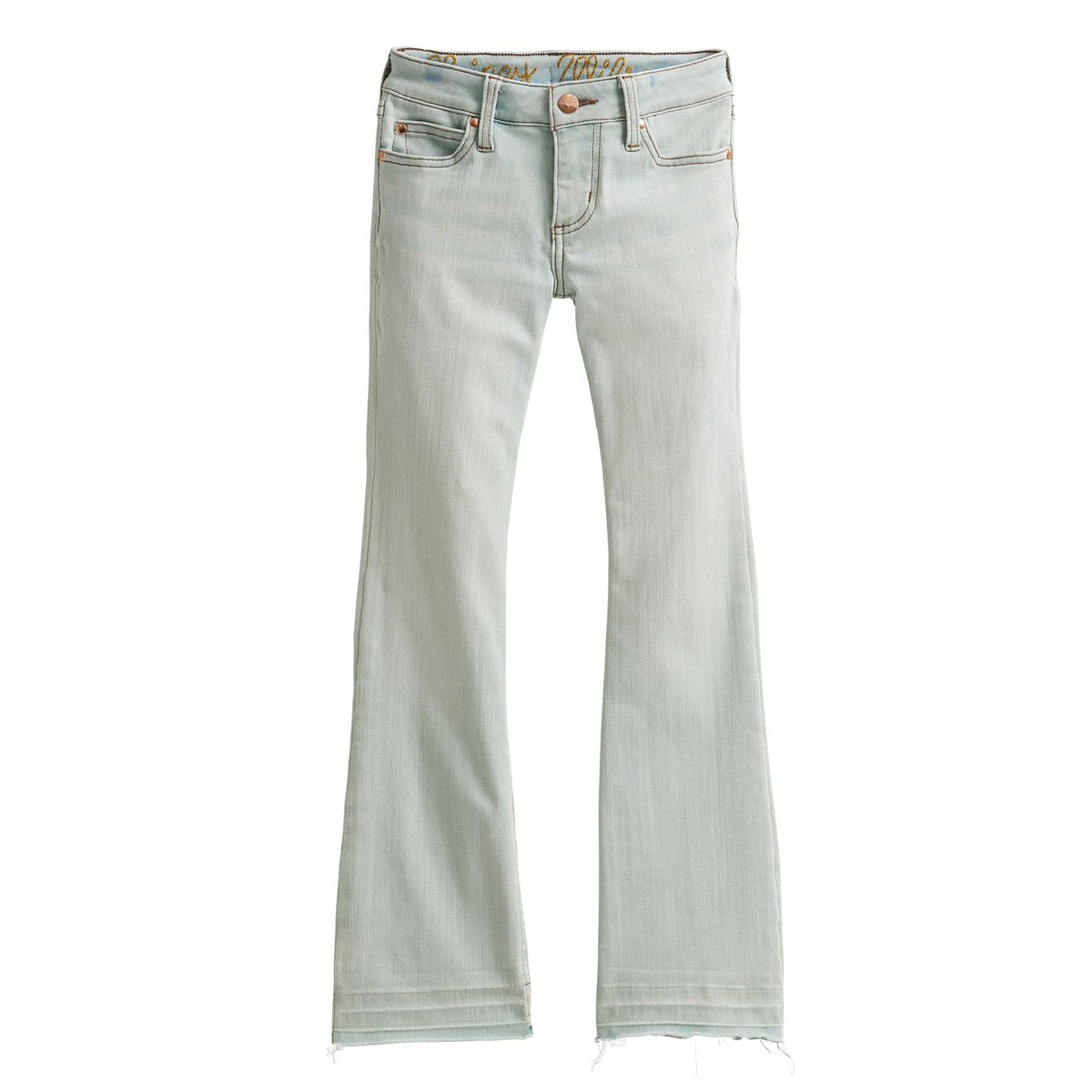 Wrangler x Lainey Wilson Girl's Raw Hem Boot Hugger Jean in Bleach Blue Wash