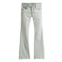 Wrangler x Lainey Wilson Girl's Raw Hem Boot Hugger Jean in Bleach Blue Wash