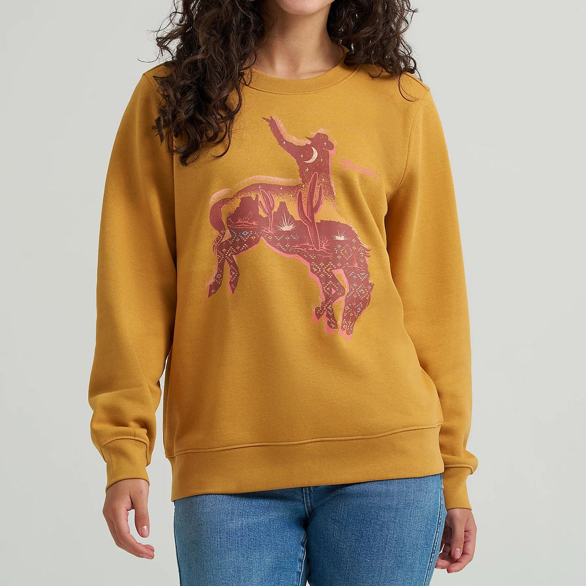 Wrangler Women's Desert Bucking Bronco Crew Sweatshirt in Spruce Yellow