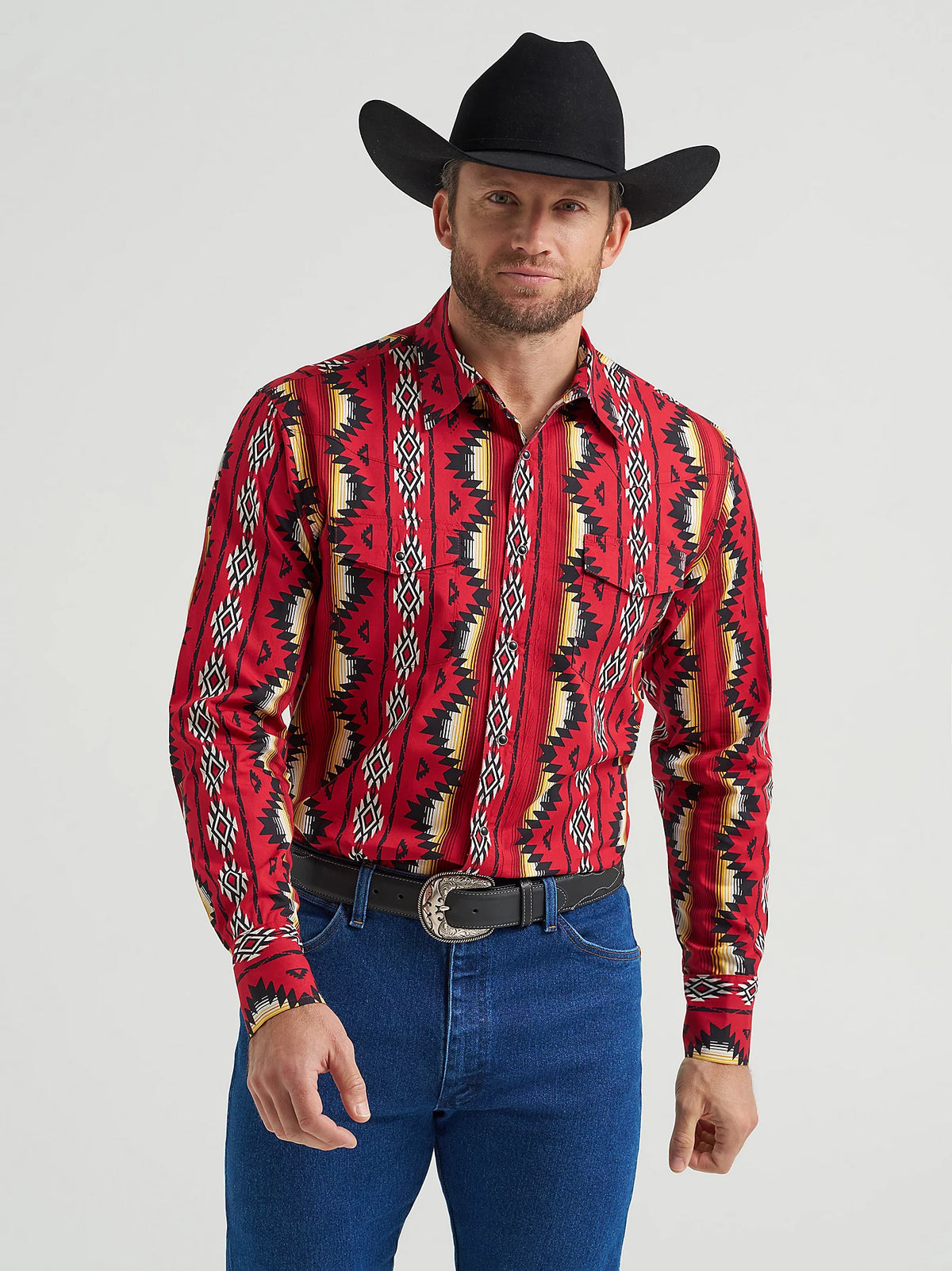 Wrangler Men's Checotah L/S Western Snap Shirt in Firey Red