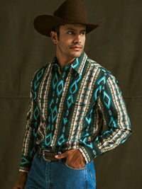 Wrangler Men's Checotah L/S Western Snap Shirt in Turquoise Belt (Available in Regular & Tall Sizes)
