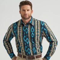 Wrangler Men's Checotah L/S Western Snap Shirt in Turquoise Belt (Available in Regular & Tall Sizes)