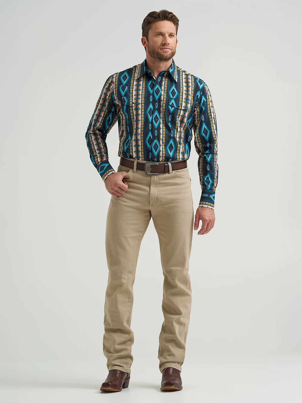 Wrangler Men's Checotah L/S Western Snap Shirt in Turquoise Belt (Available in Regular & Tall Sizes)