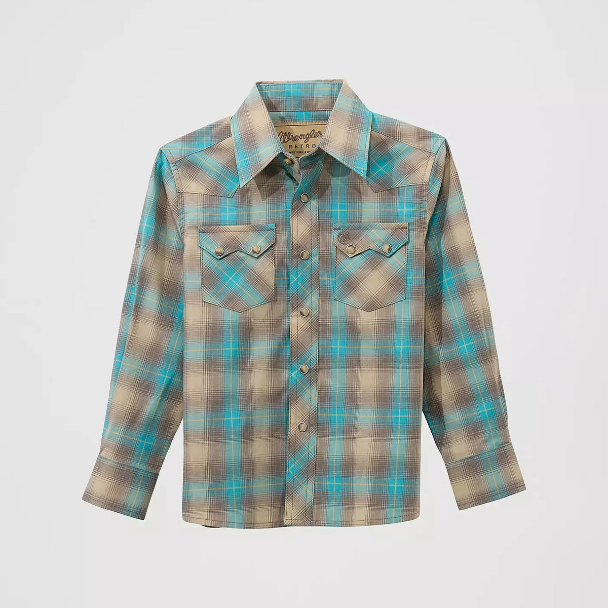 Wrangler Boy's Retro L/S Sawtooth Pocket Plaid Western Snap Shirt in Tan and Aqua