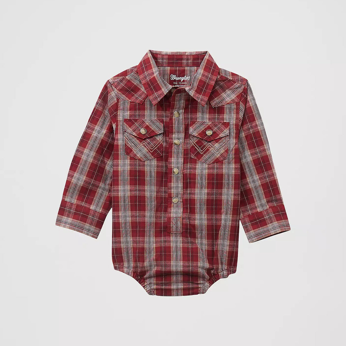 Wrangler Baby Boy's L/S Western Snap Shirt Body Suit in Burgundy Plaid