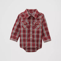 Wrangler Baby Boy's L/S Western Snap Shirt Body Suit in Burgundy Plaid