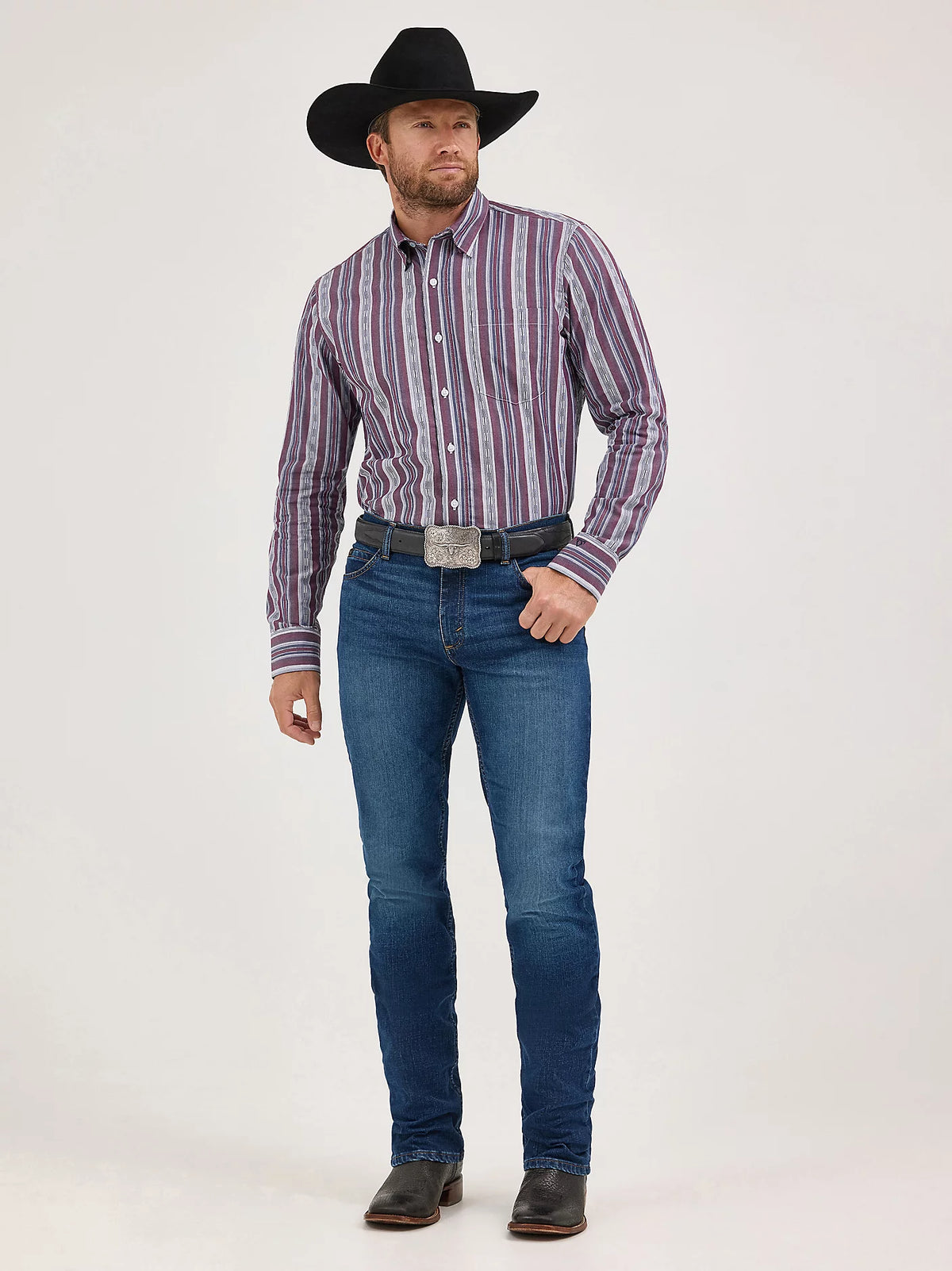 Wrangler Men's L/S Cody Johnson One Pocket Striped Button Down Shirt in Mauve (Available in Tall Sizes)