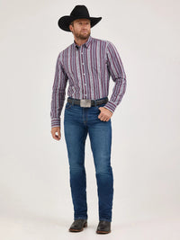 Wrangler Men's L/S Cody Johnson One Pocket Striped Button Down Shirt in Mauve (Available in Tall Sizes)