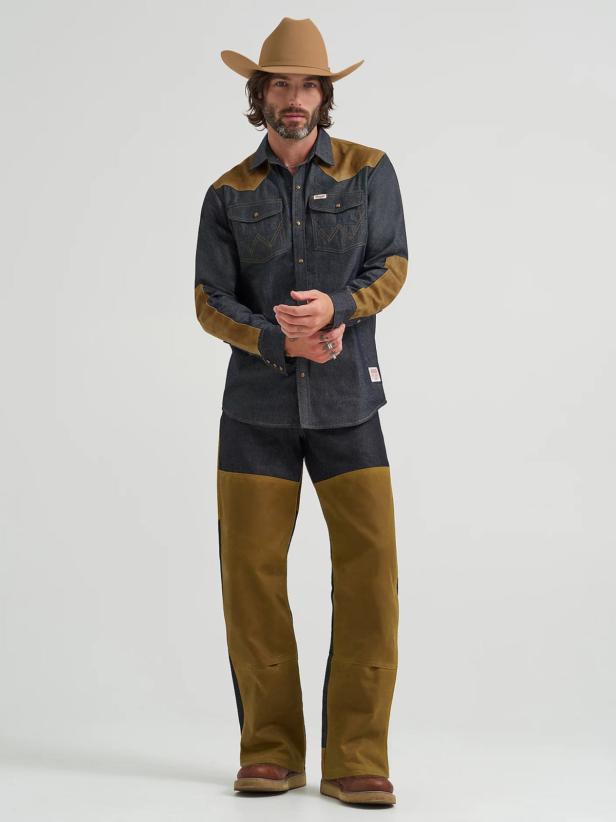 Wrangler x Filson Men's L/S Two-Tone Adventure Western Snap Shirt in Indigo and Tan