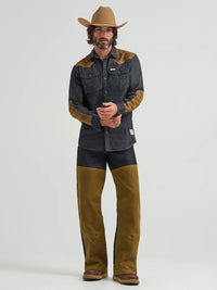 Wrangler x Filson Men's L/S Two-Tone Adventure Western Snap Shirt in Indigo and Tan